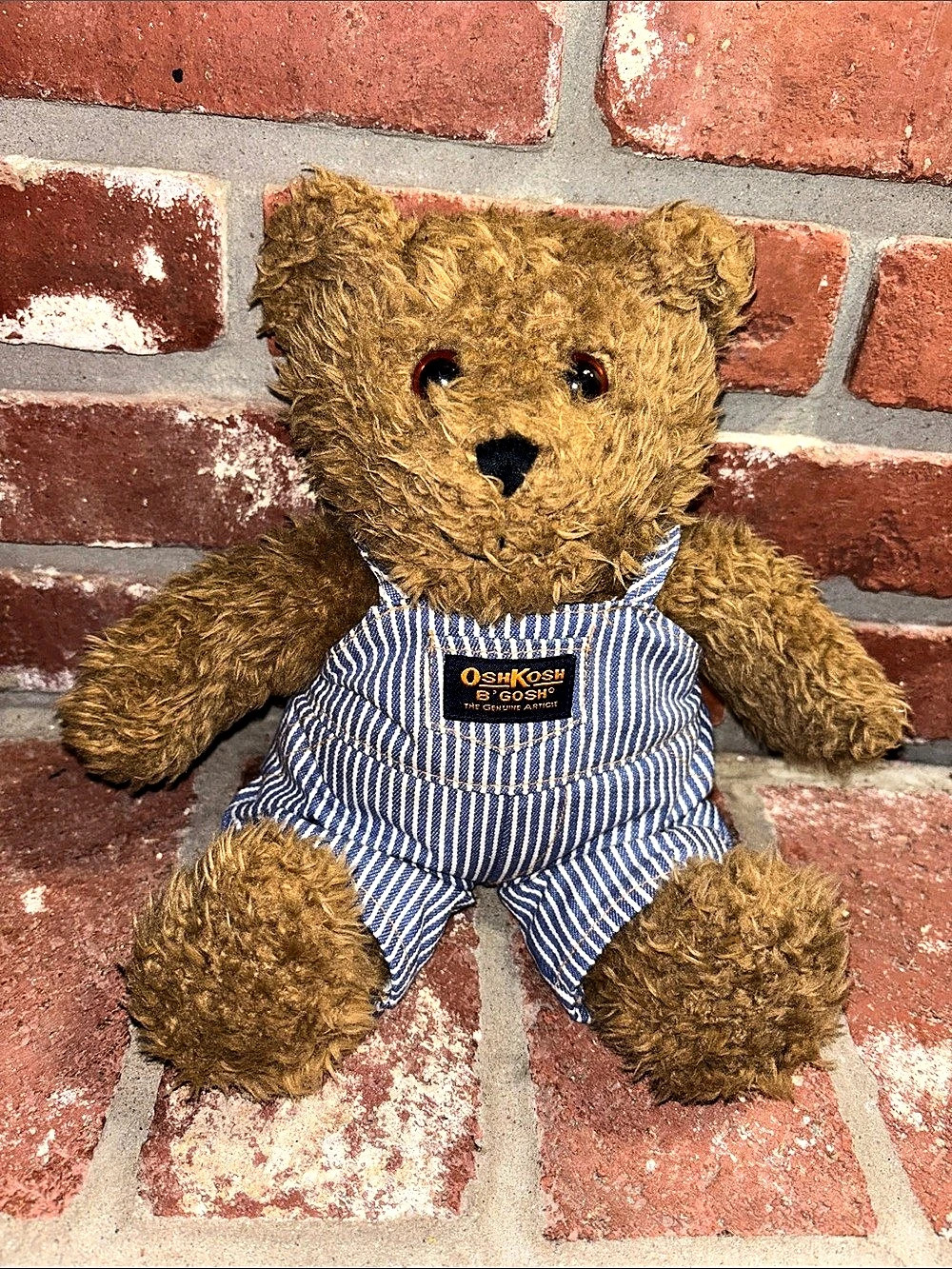 OshKosh B'Gosh Vintage 2000 Y2K Brown Teddy Bear Plush in Striped Overalls